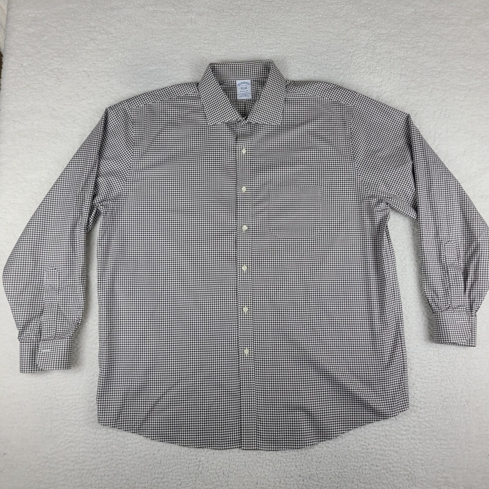 Brooks Brothers Dress Shirt Mens 17.5 35‎ Brown Check Non Iron Button Up Mint